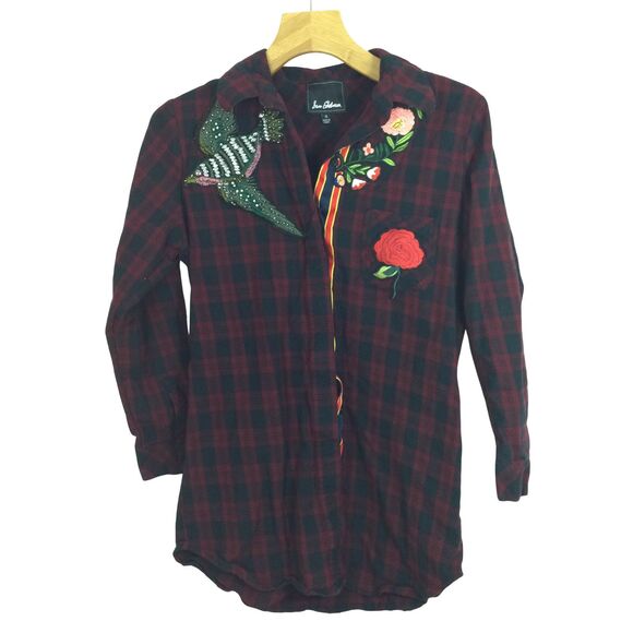 Sam Edelman Patchwork Flannel Sparrow Embellished Plaid Button Shirt Red Small - Picture 1 of 10